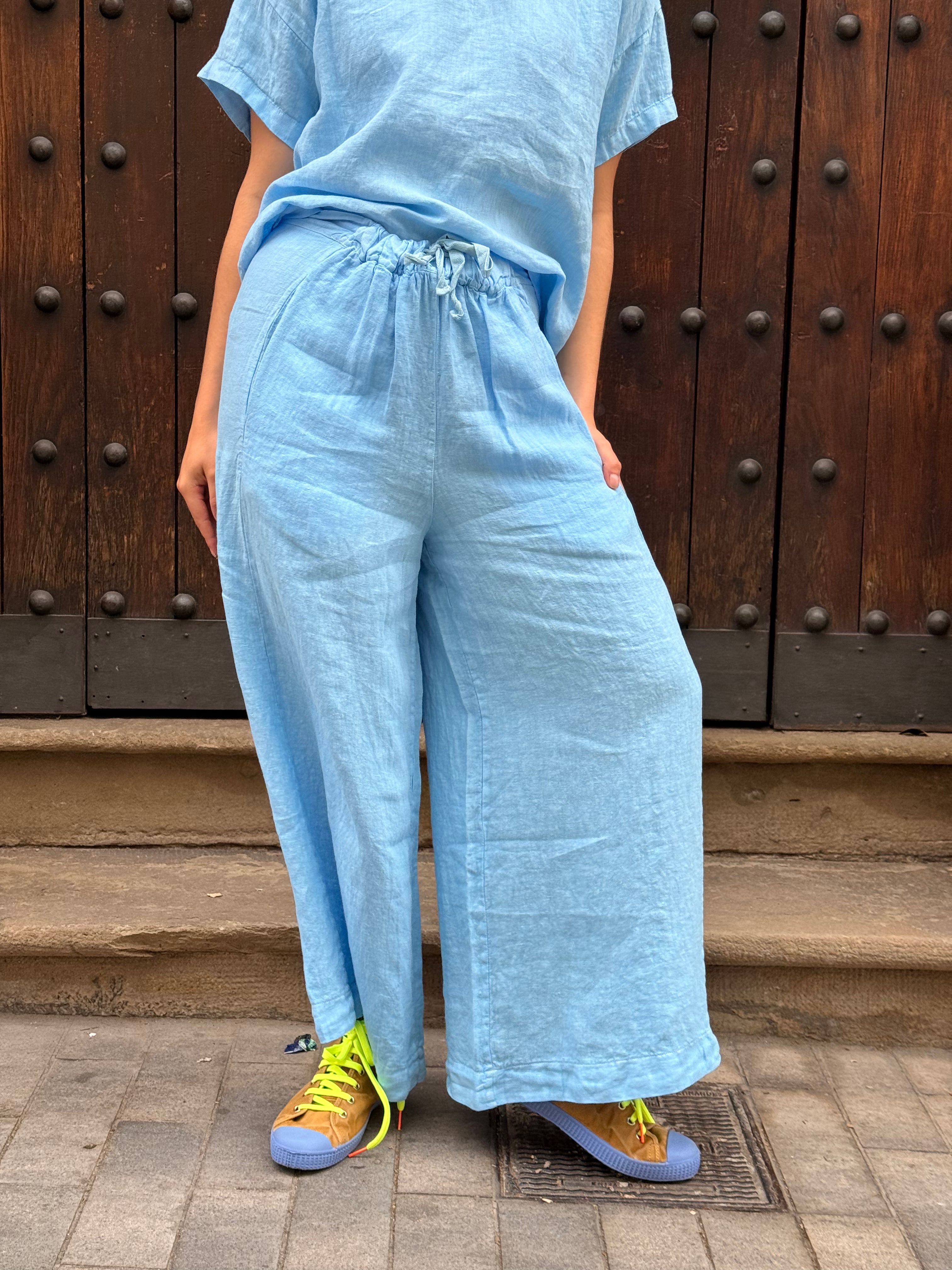 Pantalón Bomba Lino Cielo