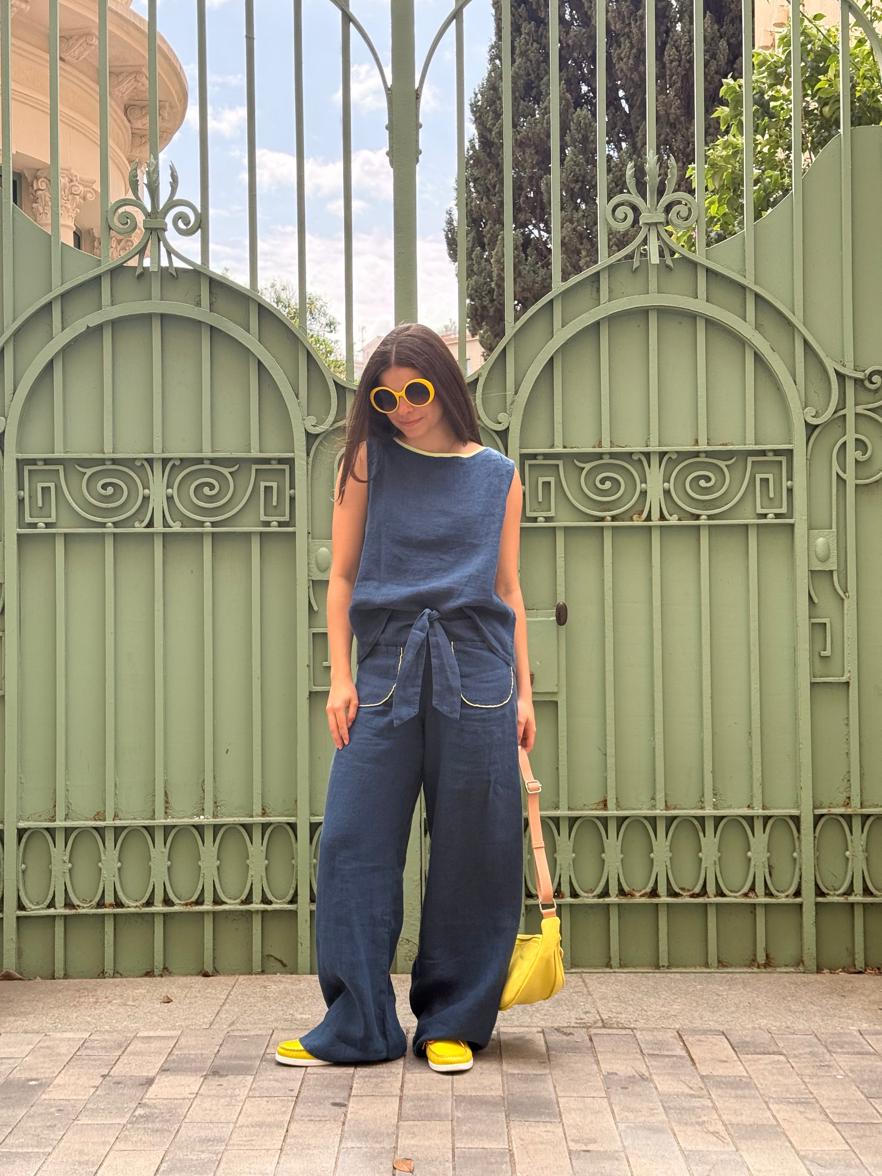 Blaue Leinenhose mit Schleife